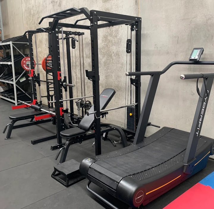 Cyberfit showroom floor with racks and treadmills