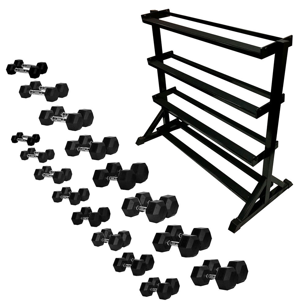 Rubber Hex Dumbbells Set 2-40kg (17 pairs) with 4 Tier Rack