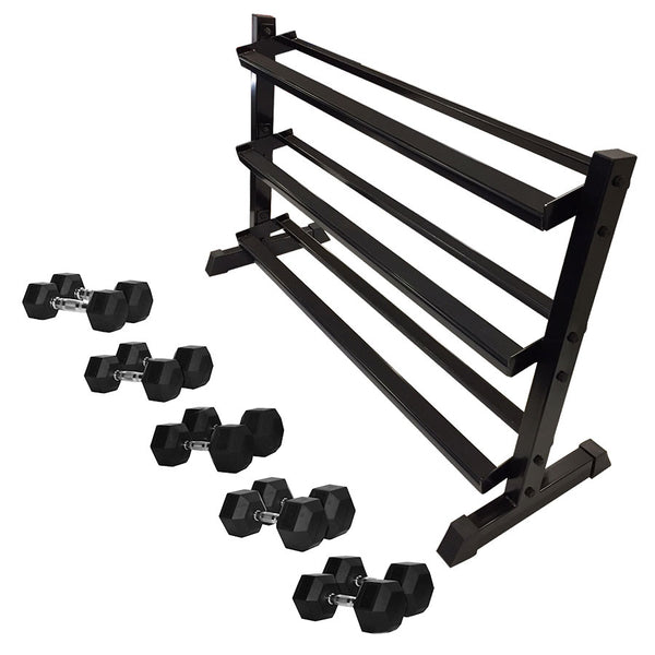 Hex Dumbbell Set 5-25kg (5 pairs) with 3 Tier Rack